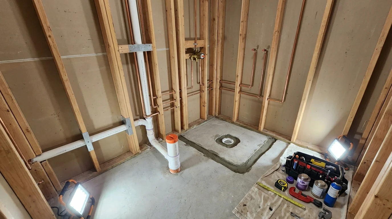 Bathroom rough-in plumbing during remodel by Johns Plumbing LLC in Congers