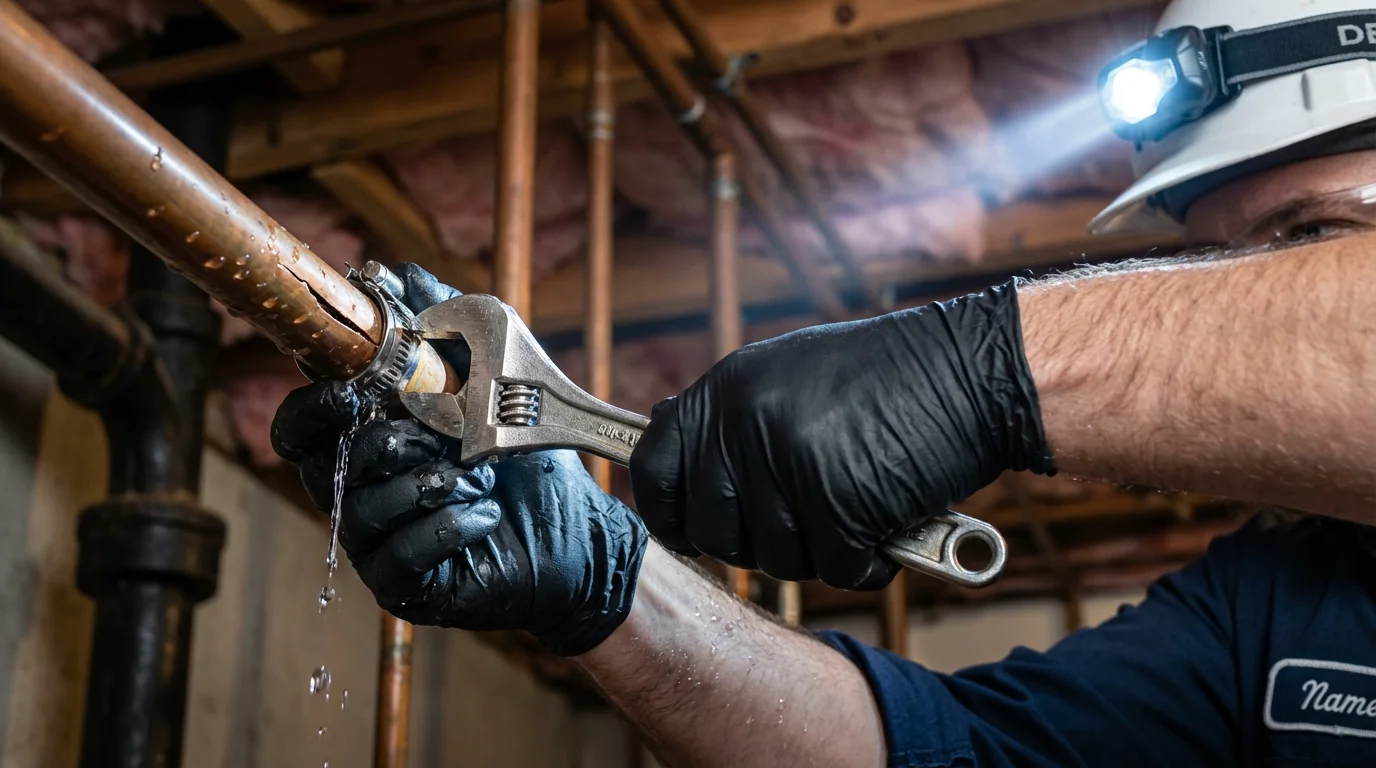 Emergency pipe clamp repair being performed by a Johns Plumbing LLC plumber in Congers