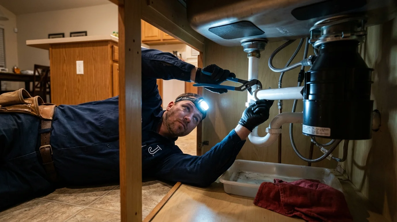 P-trap and supply line connections under a kitchen sink showing a common leak point in Congers, NY